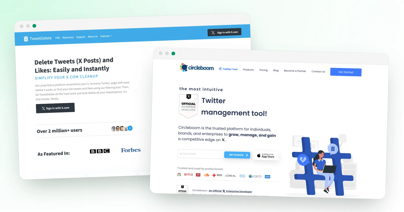The TweetDelete and Circleboom home pages side by side, two of the tools compared for deleting old tweets
