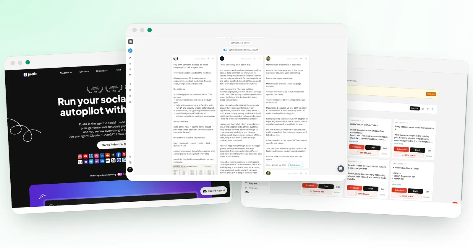 The Postiz home page, a Tweet Hunter search screen and a superX workers screen, the tools compared in this ranking
