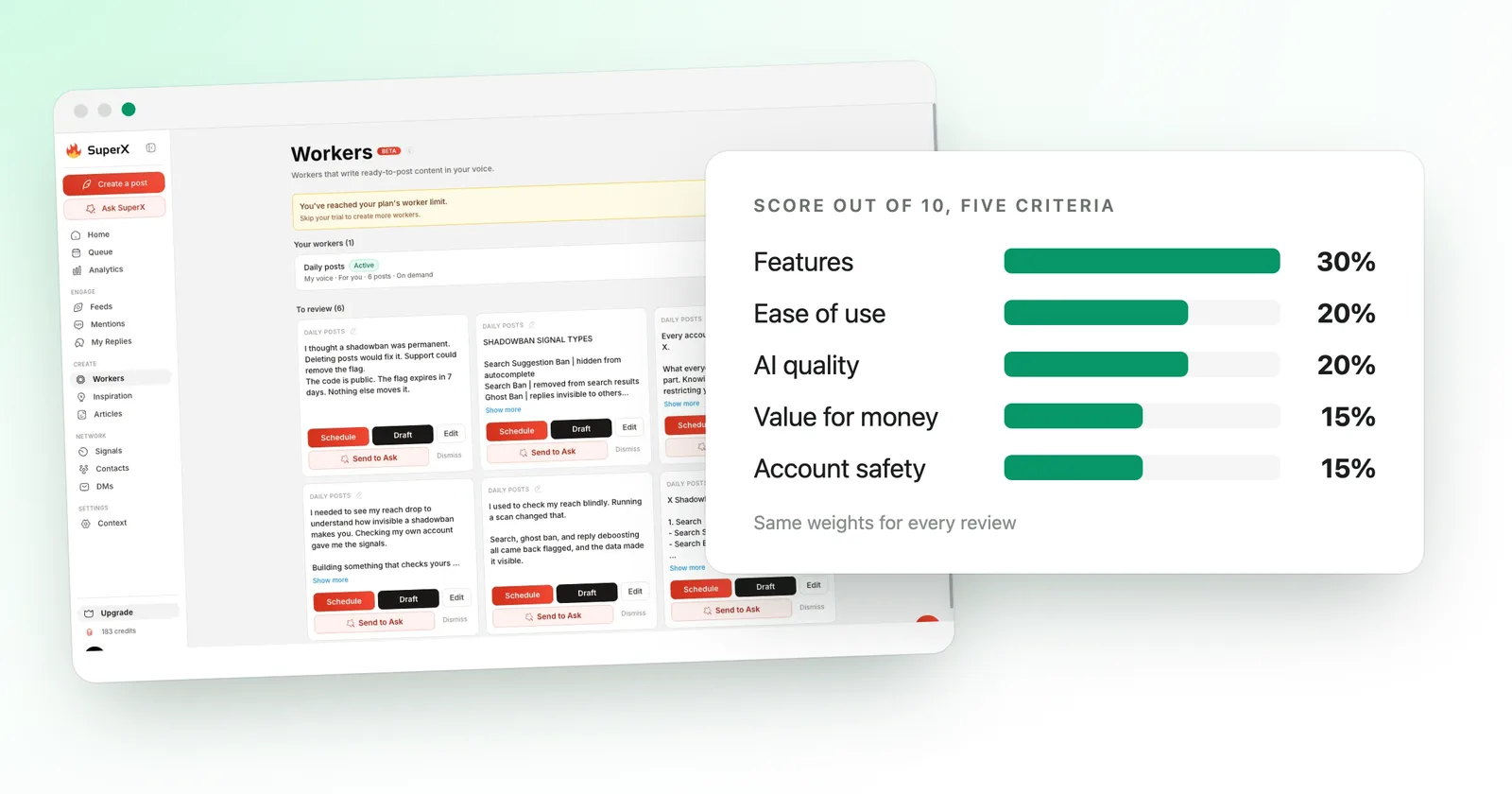 A superX workers screen next to the scoring scale: five criteria weighted 30%, 20%, 20%, 15% and 15%