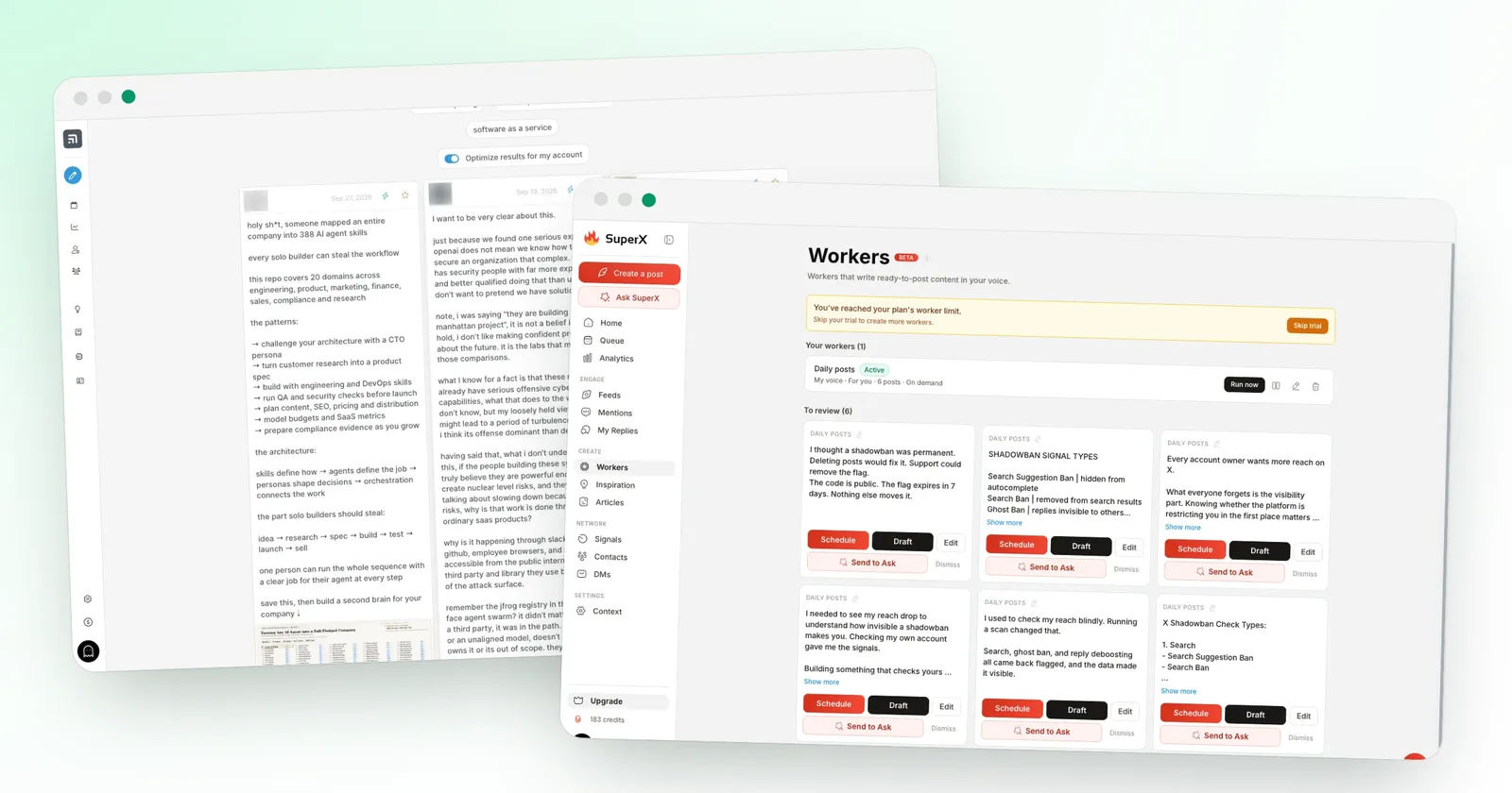 A Tweet Hunter search screen and a superX workers screen, two of the Hypefury alternatives that still post to X