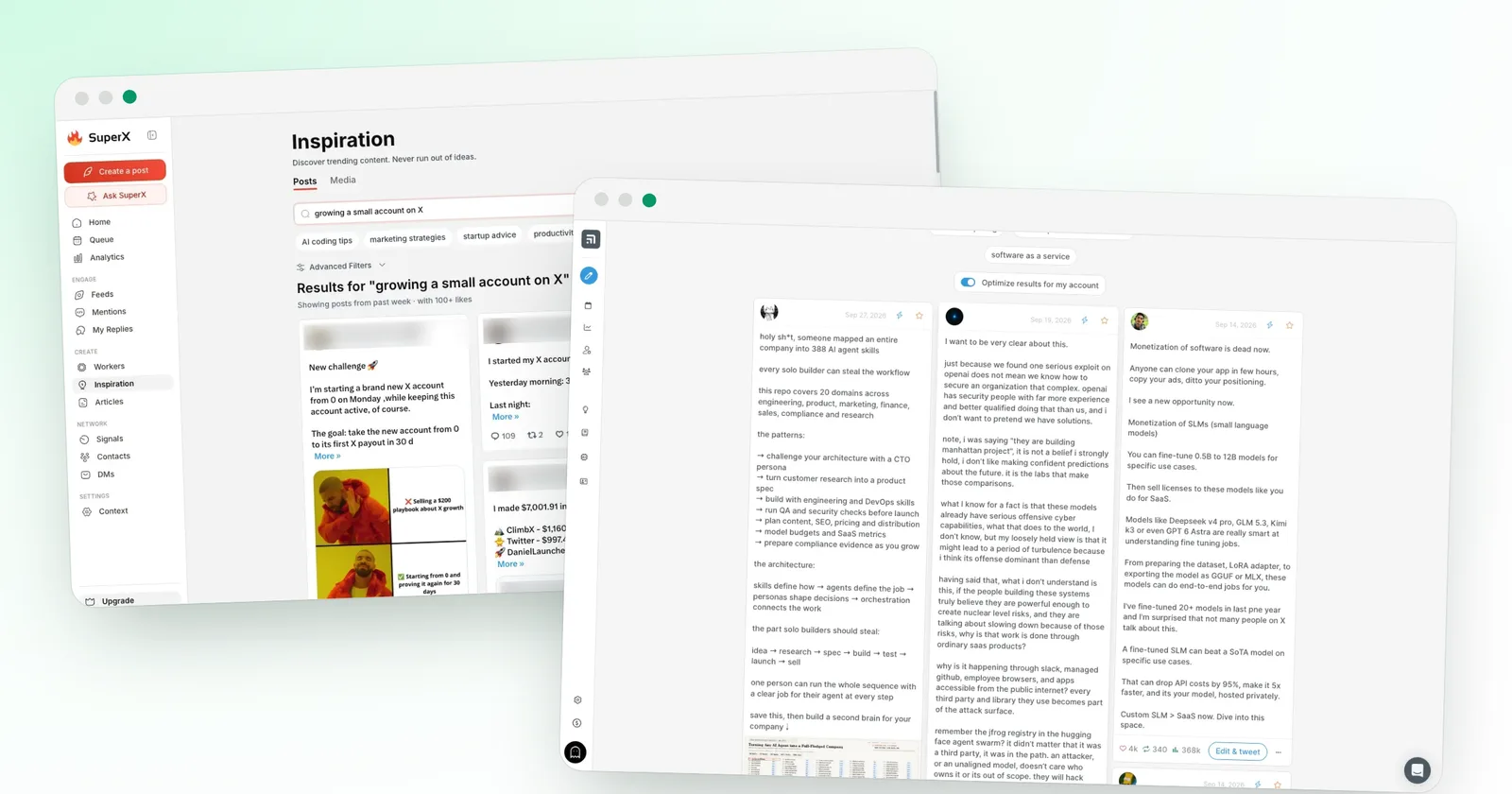 A superX inspiration search screen and a Tweet Hunter search screen, two alternatives to Postiz