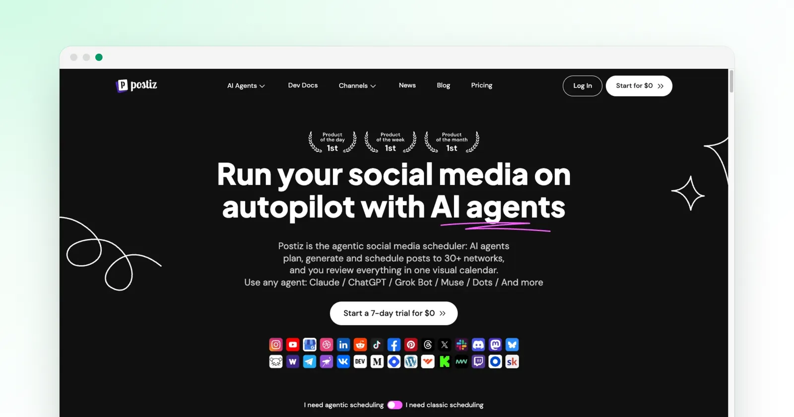 The Postiz home page: run your social media on autopilot with AI agents, 30+ networks, 7-day trial for $0