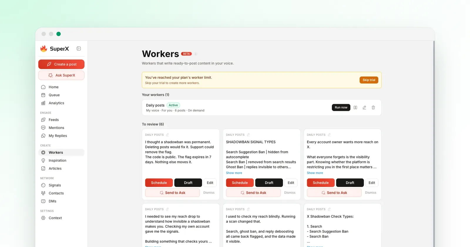 The superX workers screen with six daily post drafts to review, each with Schedule and Draft buttons