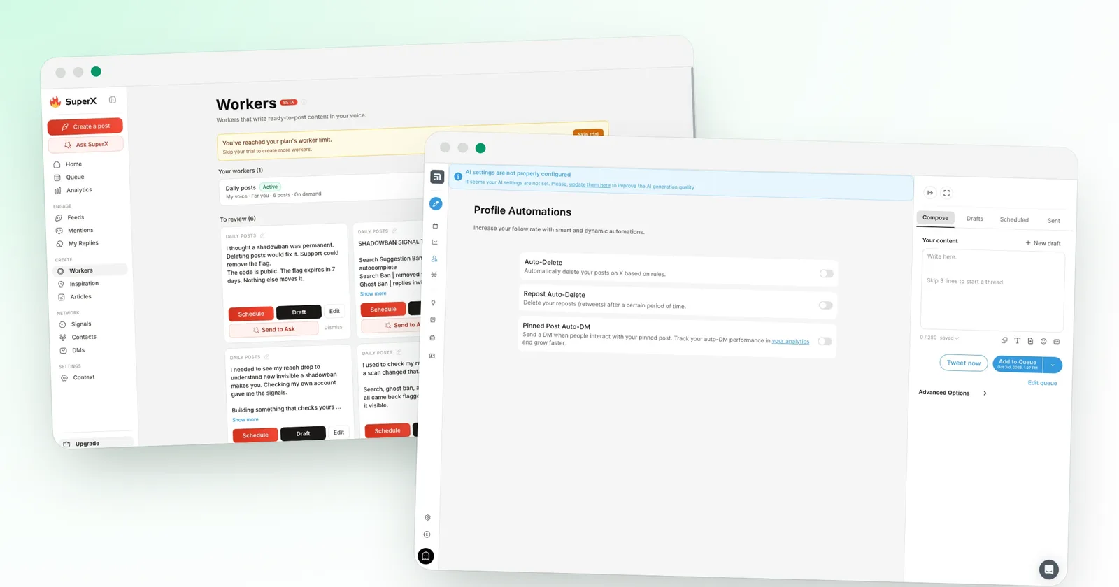 A superX workers screen next to a Tweet Hunter profile automations screen