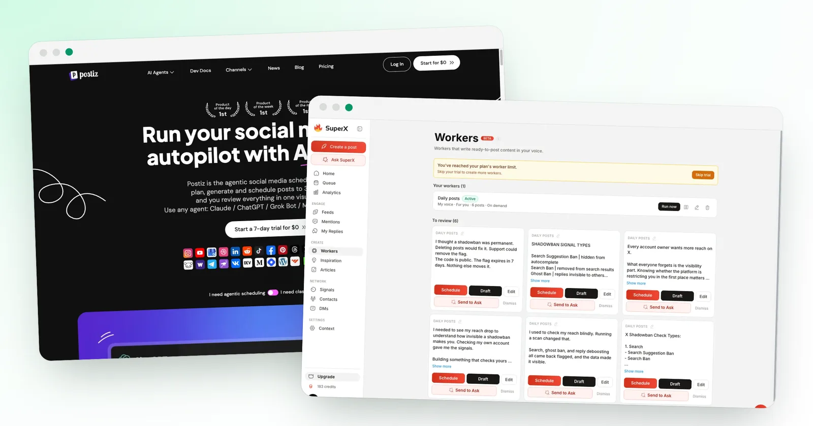 The Postiz home page and a superX workers screen, two alternatives to Tweet Hunter
