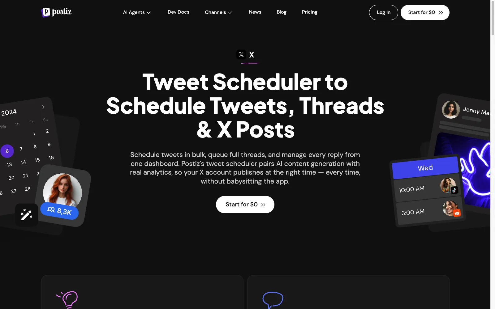 หน้า X ของ Postiz: จัดตารางทวีตและเธรดเป็นชุด ร่างด้วย AI และโพสต์ข้ามเครือข่าย