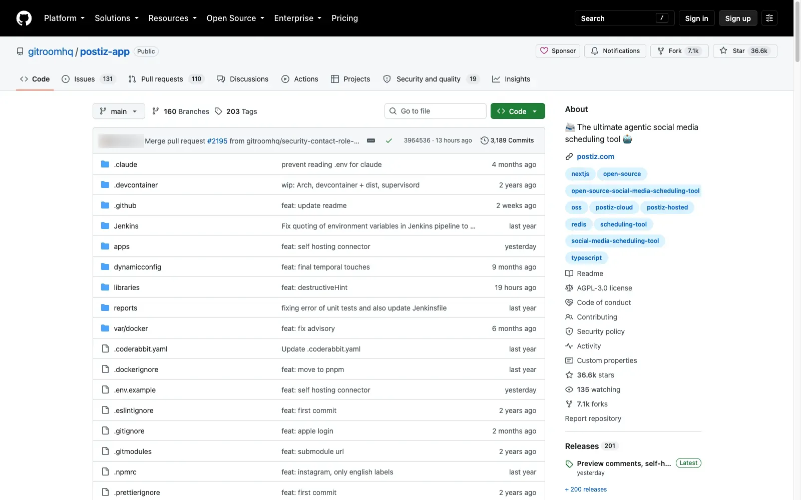 ที่เก็บโค้ด Postiz บน GitHub ที่มี 36.6k ดาวและ 7.1k ฟอร์ก