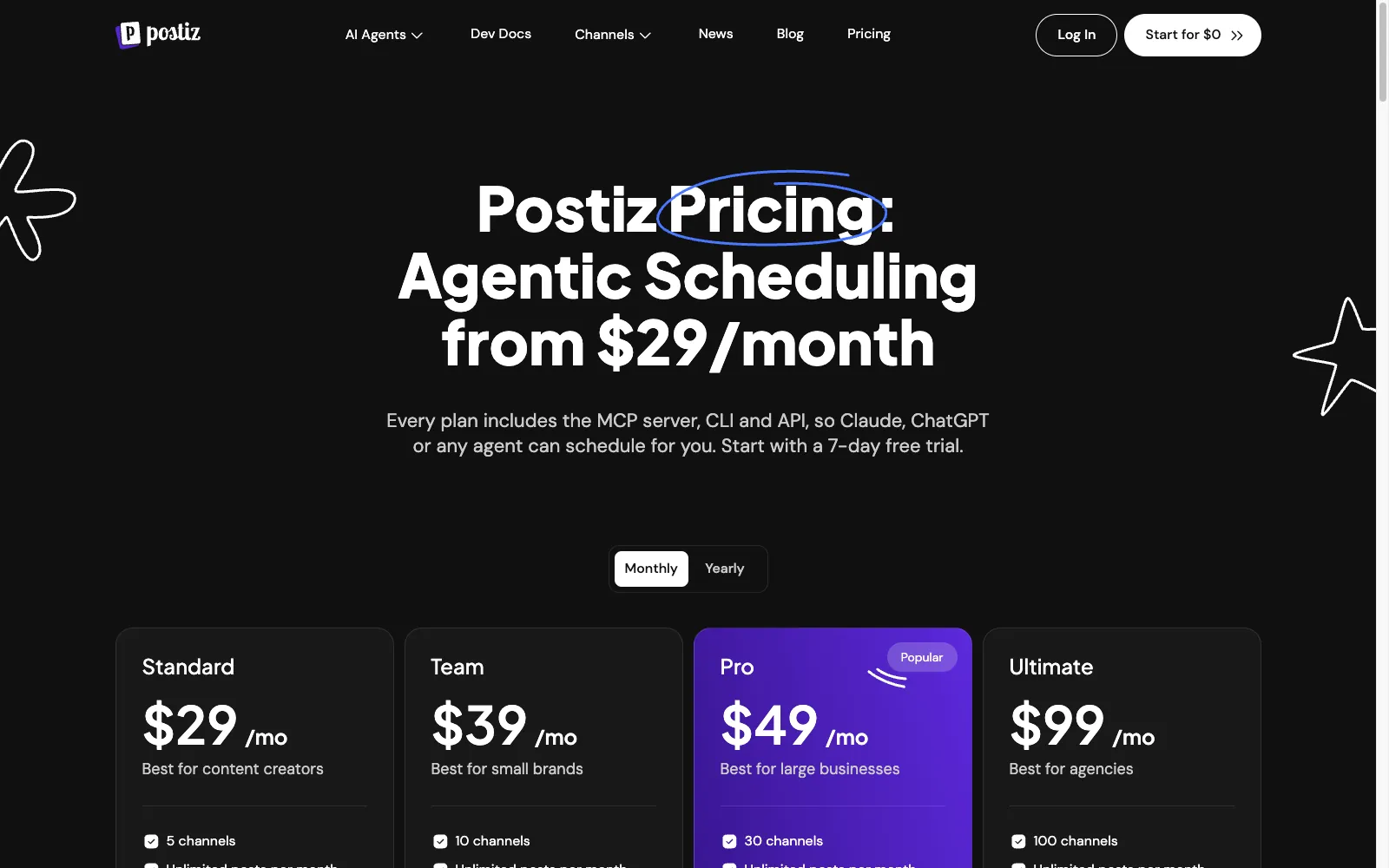 หน้าราคาของ Postiz พร้อมแพ็กเกจ Standard, Team, Pro และ Ultimate