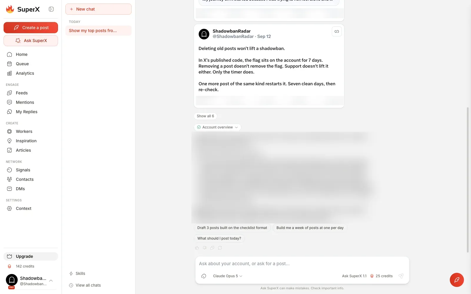 Respuesta de Ask SuperX: las mejores publicaciones de la cuenta con sus cifras y después el patrón que las une (cifras de la cuenta difuminadas)
