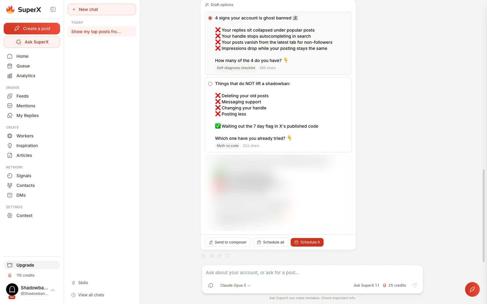 Borradores de Ask SuperX: dos legibles y el tercero difuminado, cada uno con su enfoque y su longitud, y botones para programar