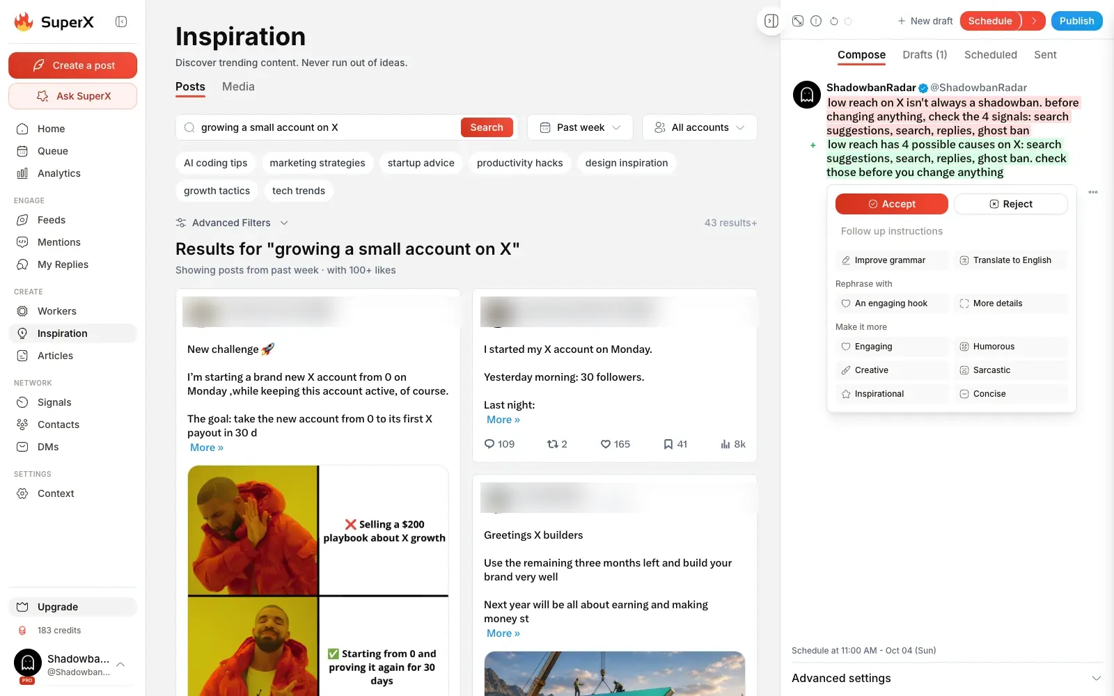 Editor de superX con una reescritura de IA mostrada como un cambio que aceptar o rechazar