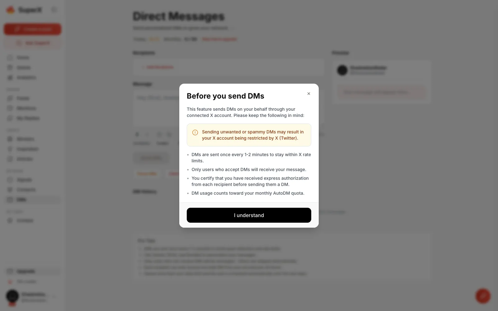 Aviso de superX mostrado antes del primer DM, con sus reglas de envío