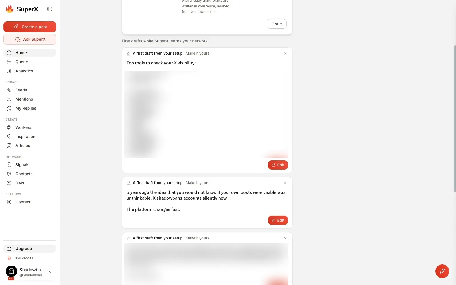 Página de inicio de superX con tres primeros borradores escritos a partir de la configuración de la cuenta