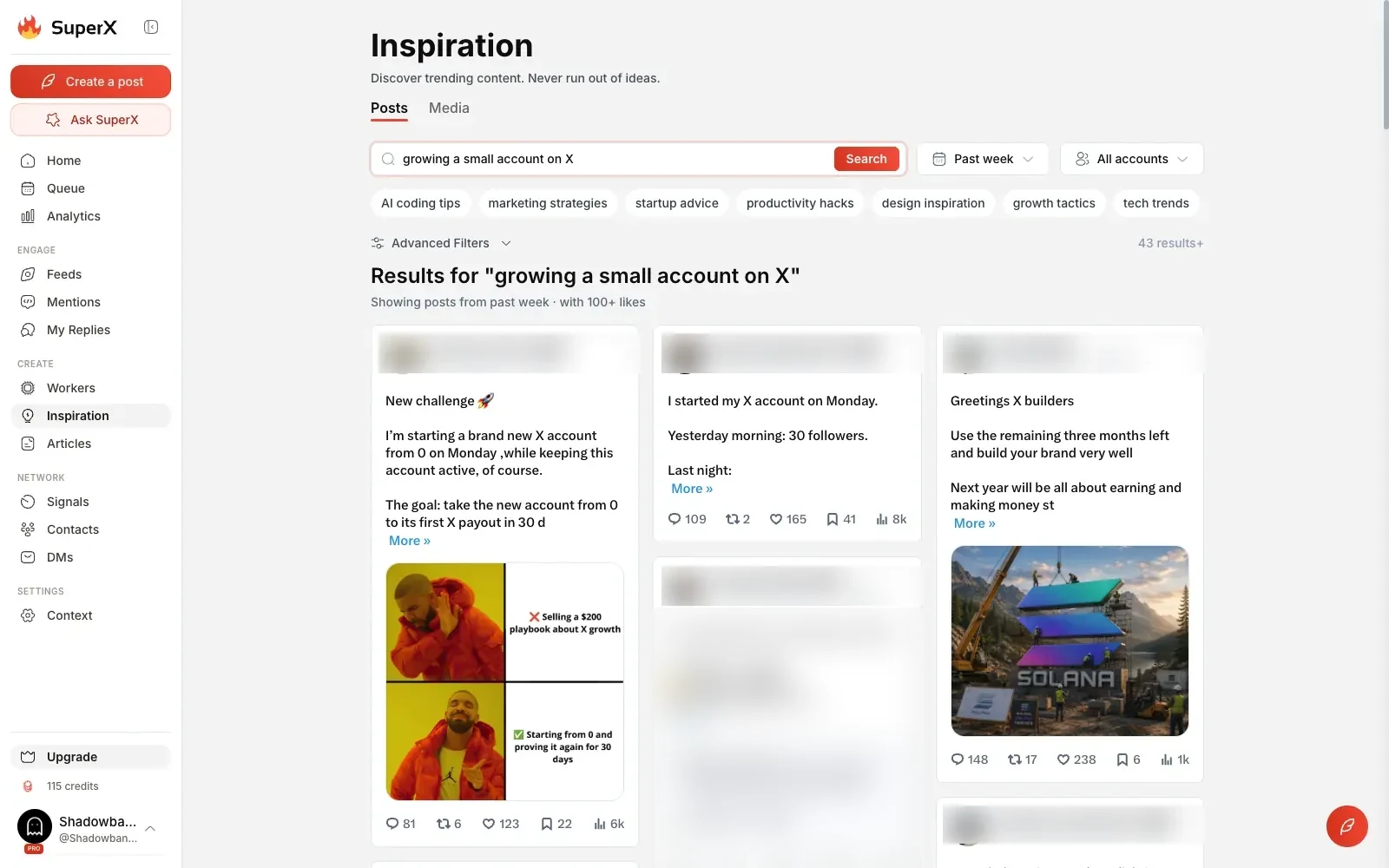Resultados de Inspiration en superX para una búsqueda por tema, con las cifras de interacción de cada post