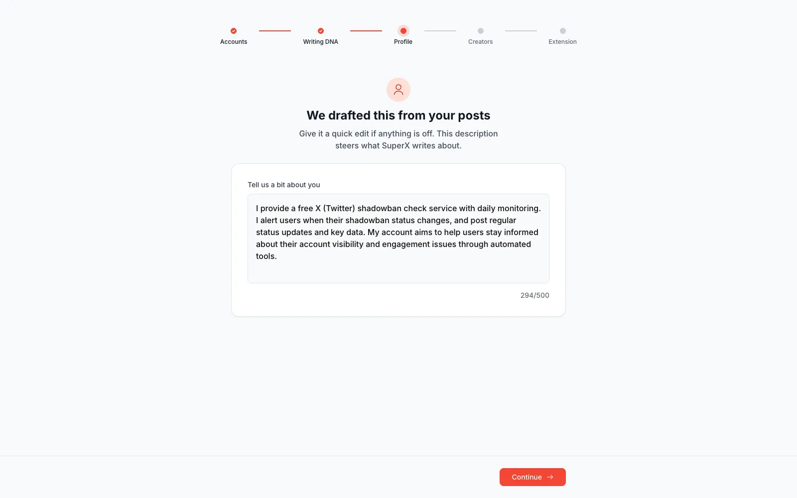 Onboarding de superX, paso del perfil: una descripción de la cuenta redactada a partir de sus propias publicaciones