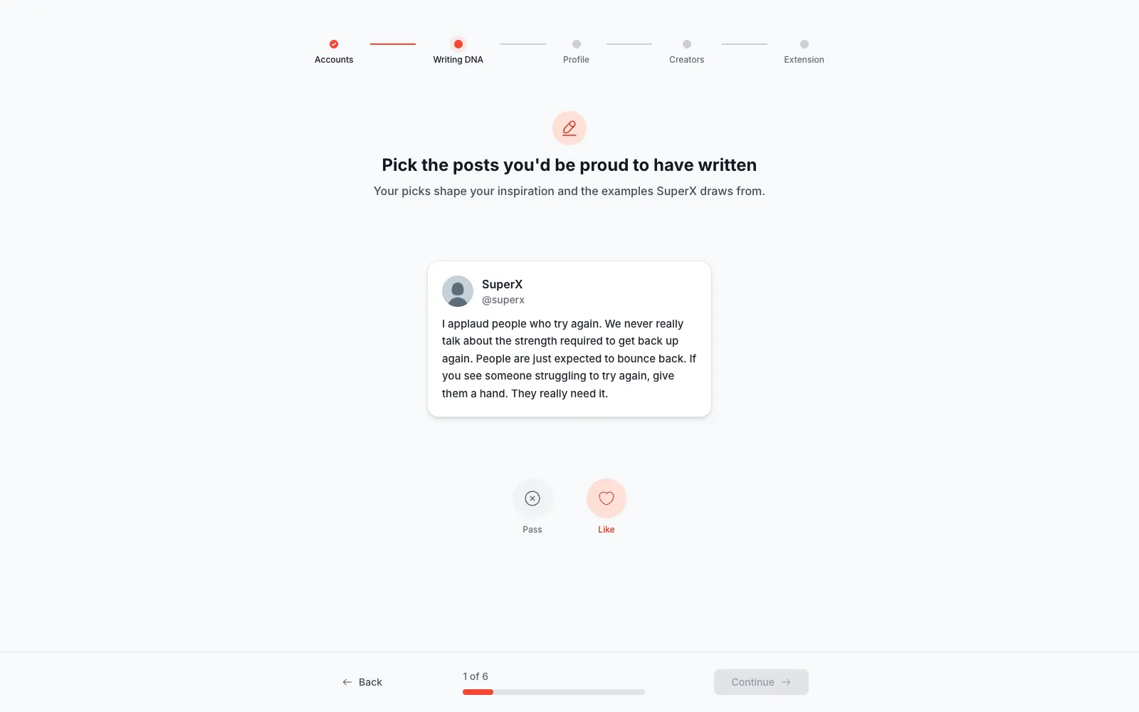 Onboarding de superX, paso Writing DNA: das me gusta o descartas seis posts para orientar tu inspiración