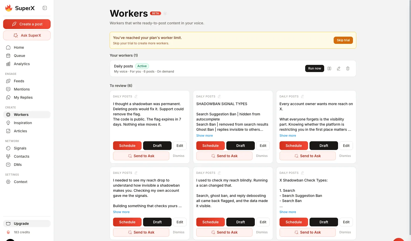 Una ejecución de un worker de superX: seis borradores para programar, guardar, editar o descartar
