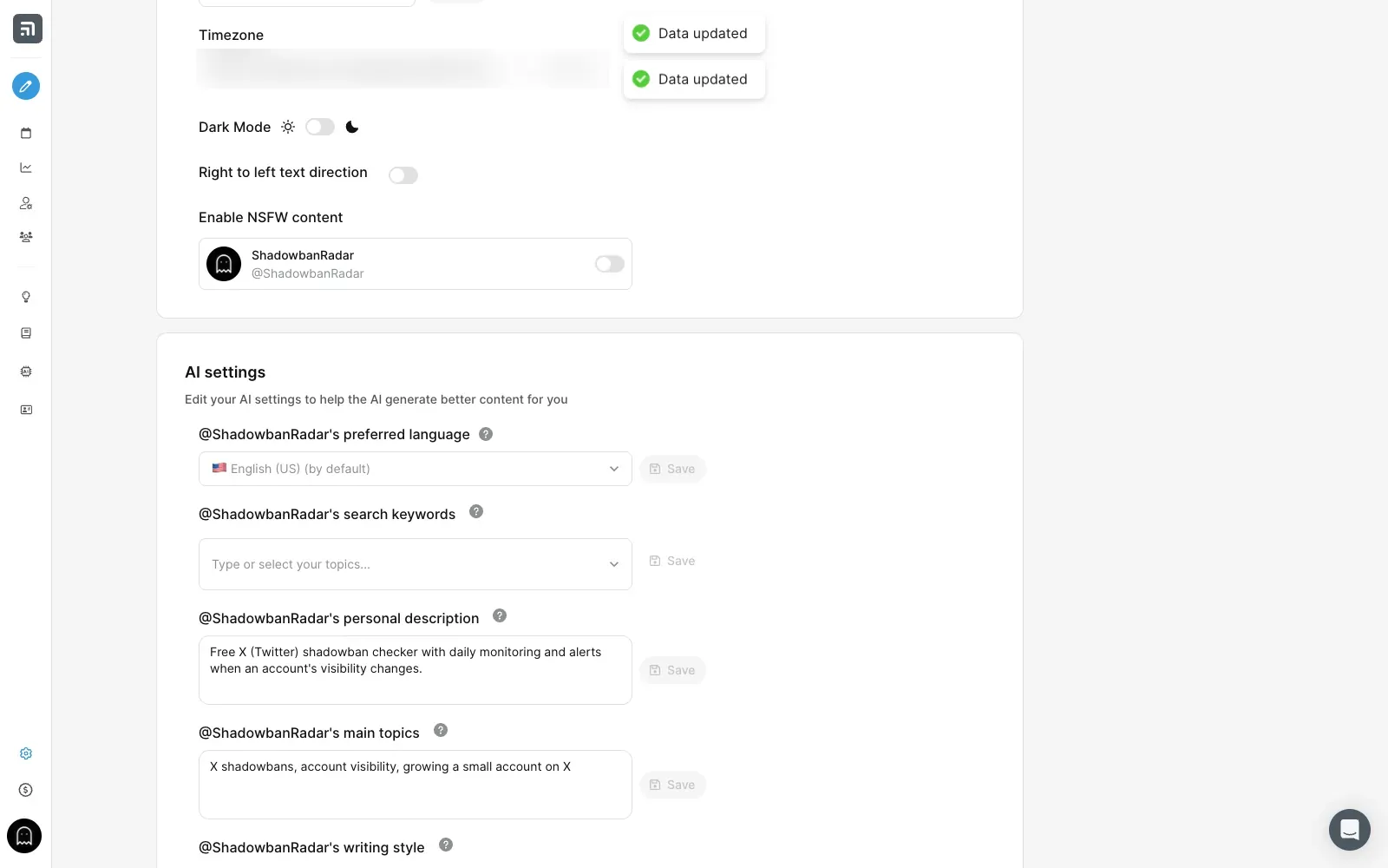 Tweet Hunter AI settings with the account description and main topics filled in