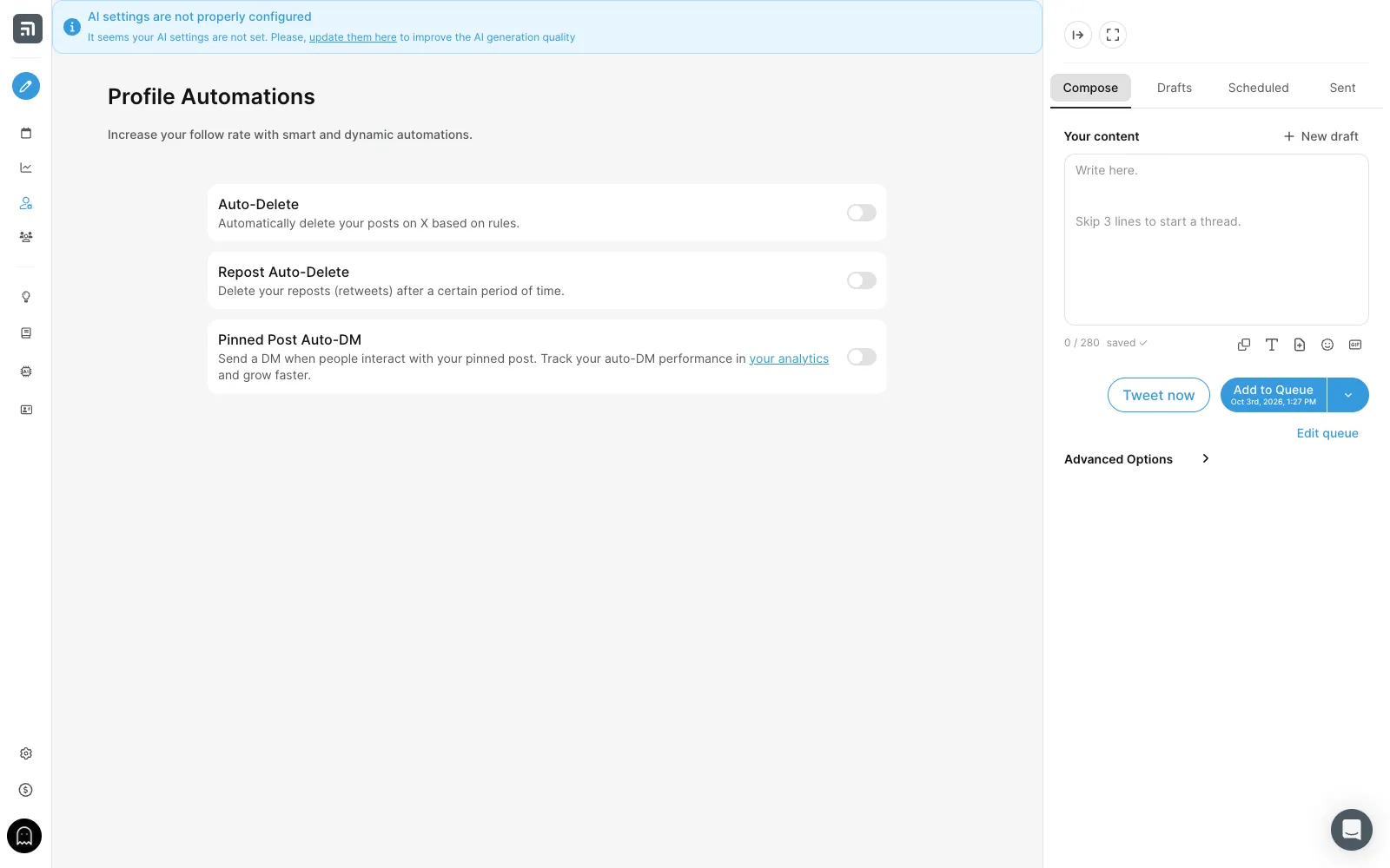 Tweet Hunter profile automations: auto-delete, repost auto-delete and pinned post auto-DM