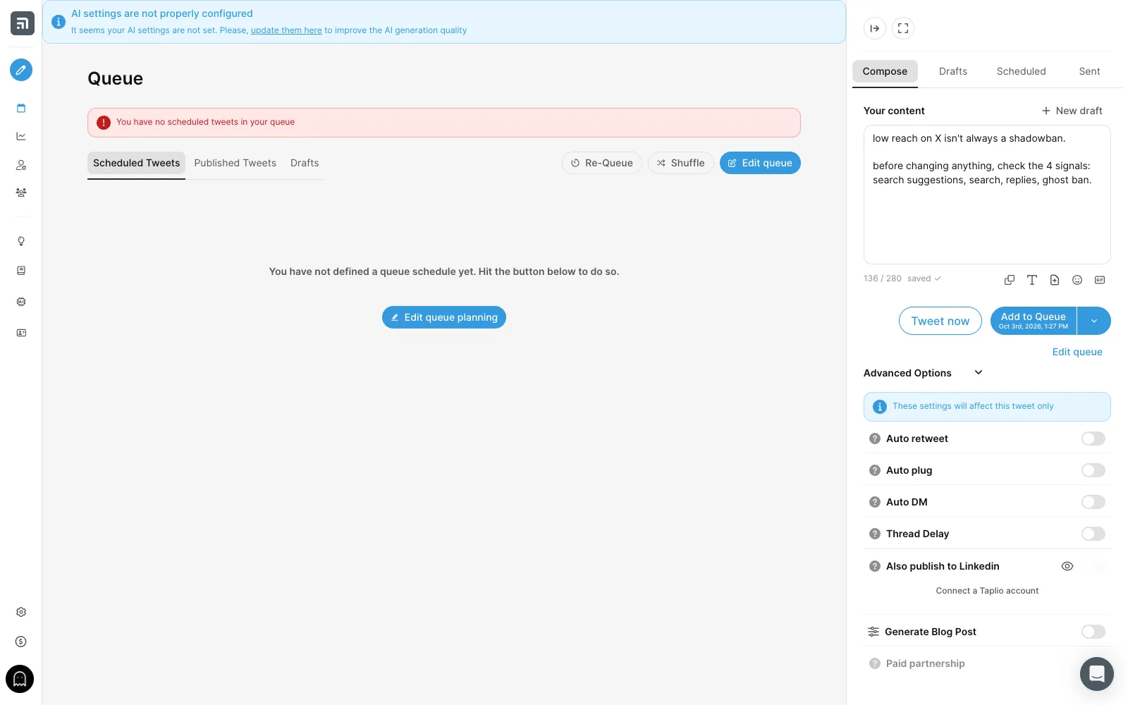 Tweet Hunter composer with a draft and the per-tweet automations: auto retweet, auto plug, auto DM, thread delay