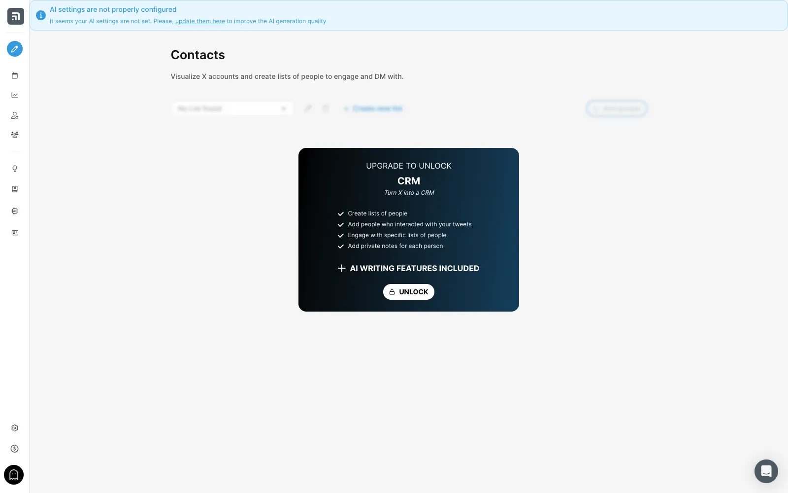 Tweet Hunter CRM screen listing what the Grow plan unlocks: lists of people, interactions, private notes