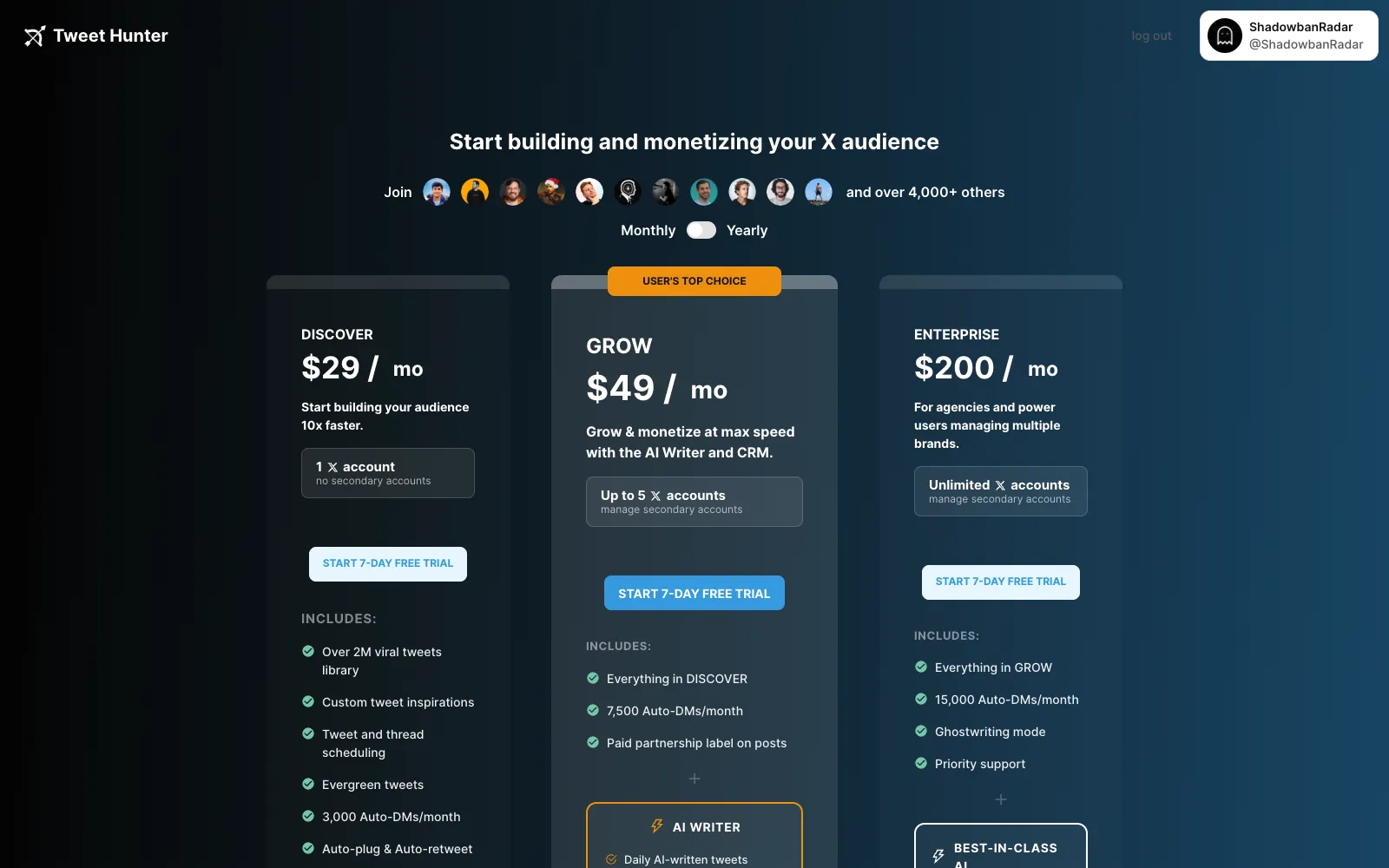 Tweet Hunter plans page: Discover, Grow and Enterprise, each with a 7-day free trial