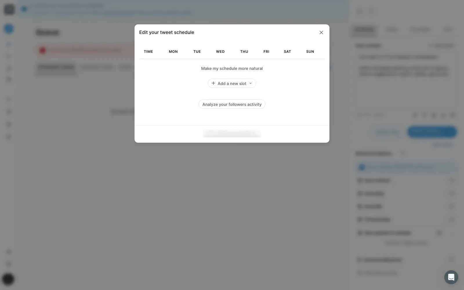 Tweet Hunter queue planner with options to make the schedule natural and analyze followers activity