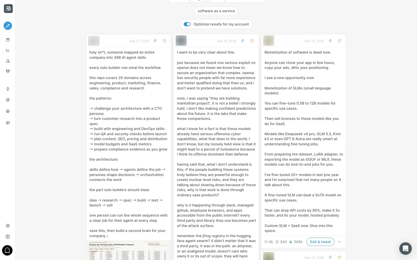 Tweet Hunter search results for the topic saas, with likes, reposts and views on each tweet